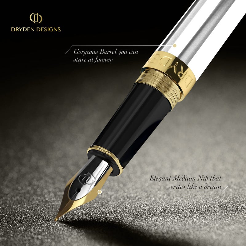 Dryden Designs Fountain Pen - Medium Nib and Fine Nib | Includes Luxury Box, 6 Ink Cartridges - 3 Black 3 Blue and Ink Refill Converter - Pearl White - Image 3